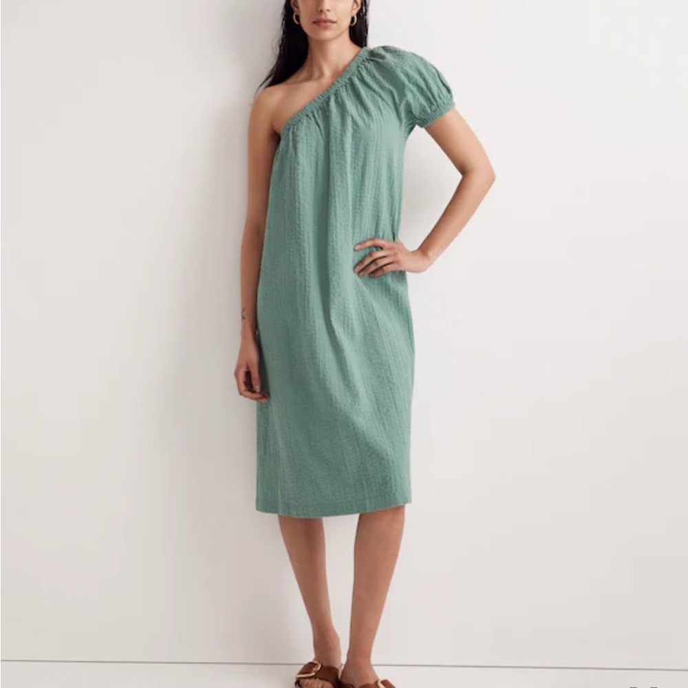 Madewell Seersucker One-Shoulder Puff-Sleeve Midi Dress Sz. XL